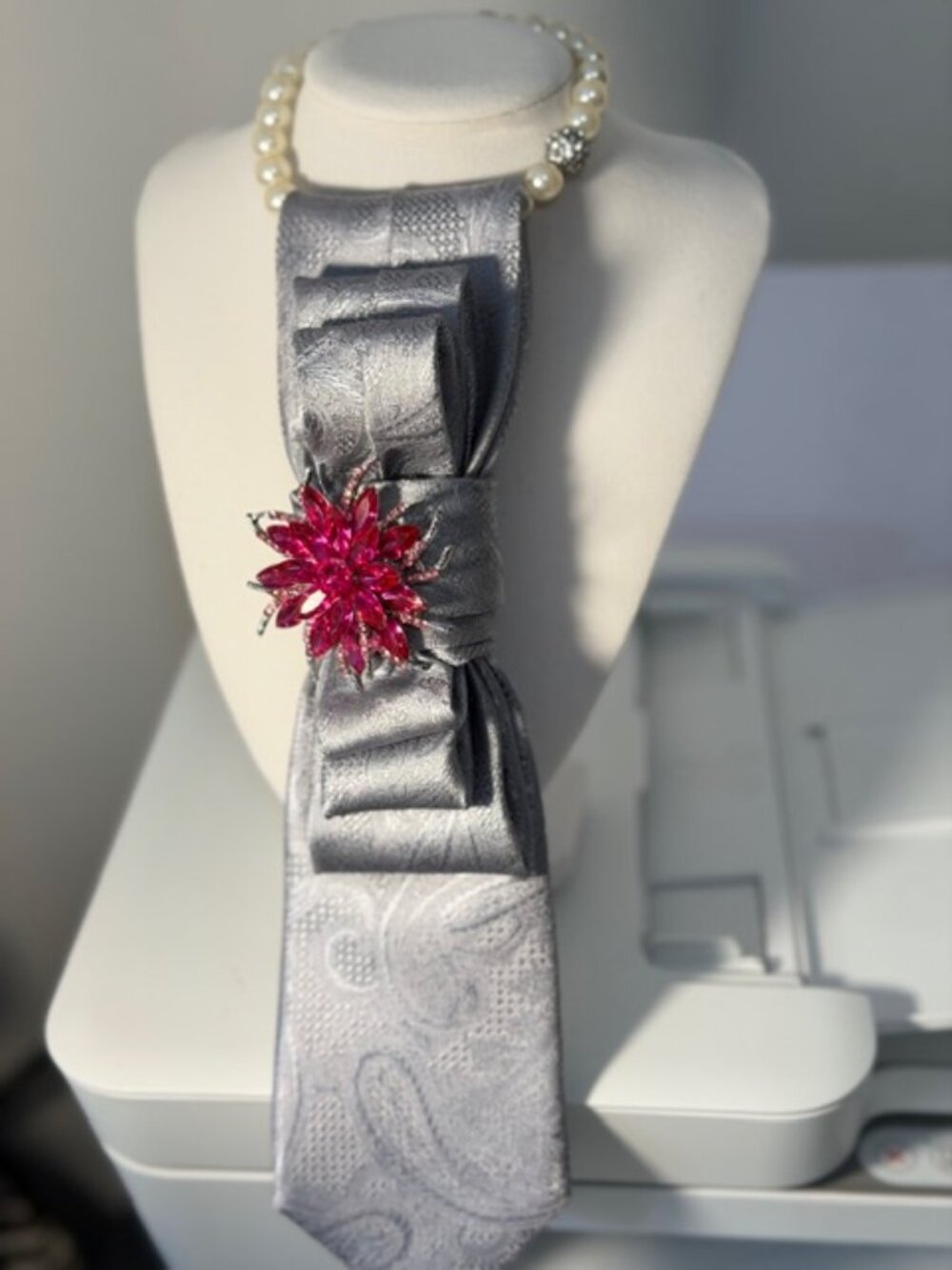 Handmade Vintage Silk Formal Soft Gray Necktie necklace with Hot Pink Brooch